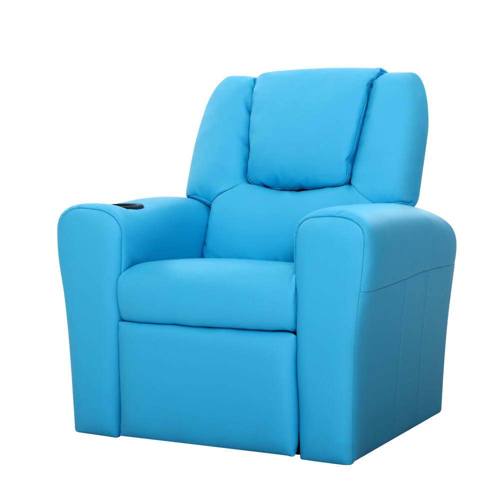 Keezi Kids Recliner Chair in blue PU leather with plush cushioning and built-in cup holder, designed for children's comfort and safety.