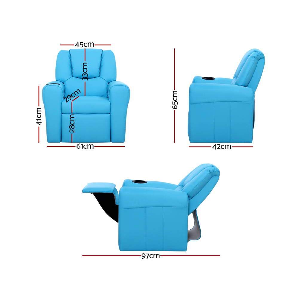 Keezi Kids Recliner Chair in blue PU leather with plush cushioning and built-in cup holder, designed for children's comfort and safety.