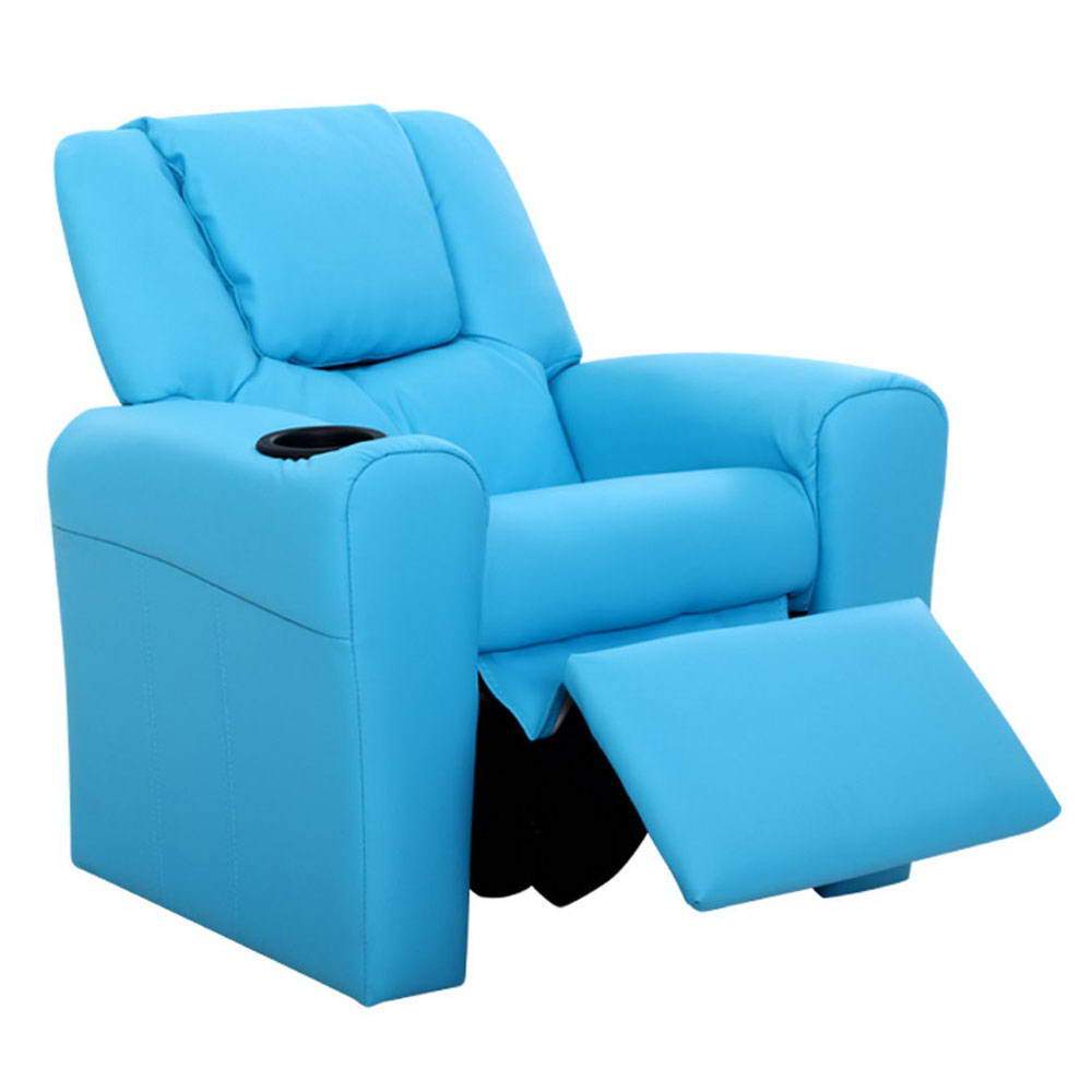 Keezi Kids Recliner Chair in blue PU leather with plush cushioning and built-in cup holder, designed for children's comfort and safety.