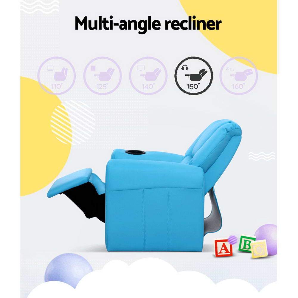 Keezi Kids Recliner Chair in blue PU leather with plush cushioning and built-in cup holder, designed for children's comfort and safety.