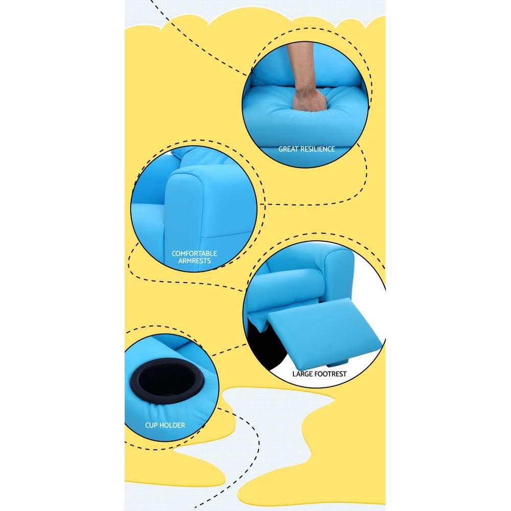 Keezi Kids Recliner Chair in blue PU leather with plush cushioning and built-in cup holder, designed for children's comfort and safety.