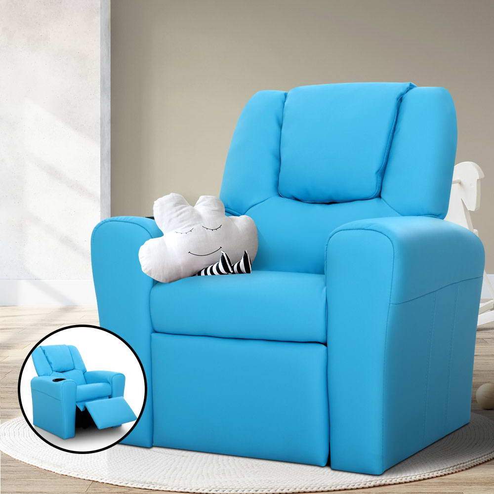 Keezi Kids Recliner Chair in blue PU leather with plush cushioning and built-in cup holder, designed for children's comfort and safety.