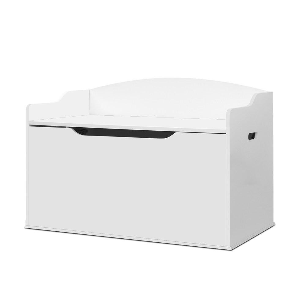 Keezi Kids Toy Chest Storage Bench in white, featuring a comfortable seating area and spacious storage for toys and books, designed for child safety.