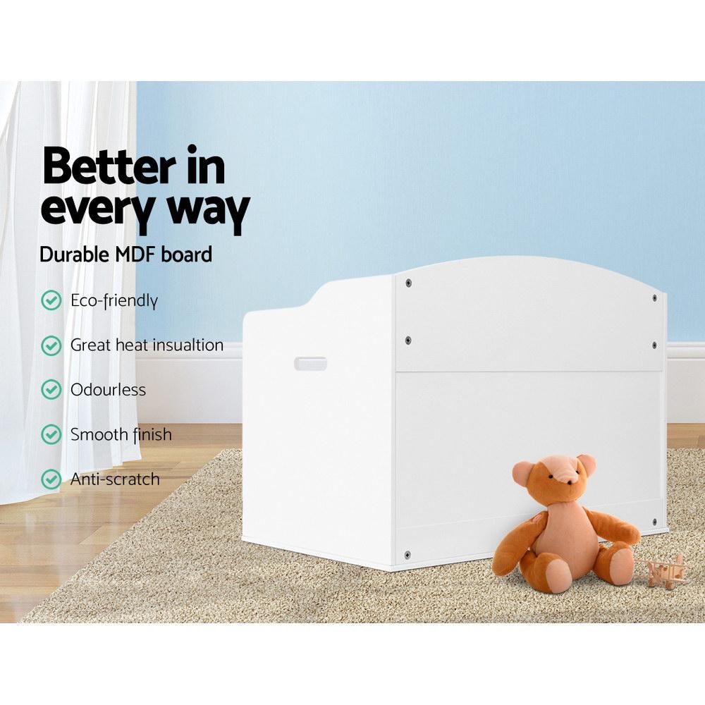 Keezi Kids Toy Chest Storage Bench in white, featuring a comfortable seating area and spacious storage for toys and books, designed for child safety.