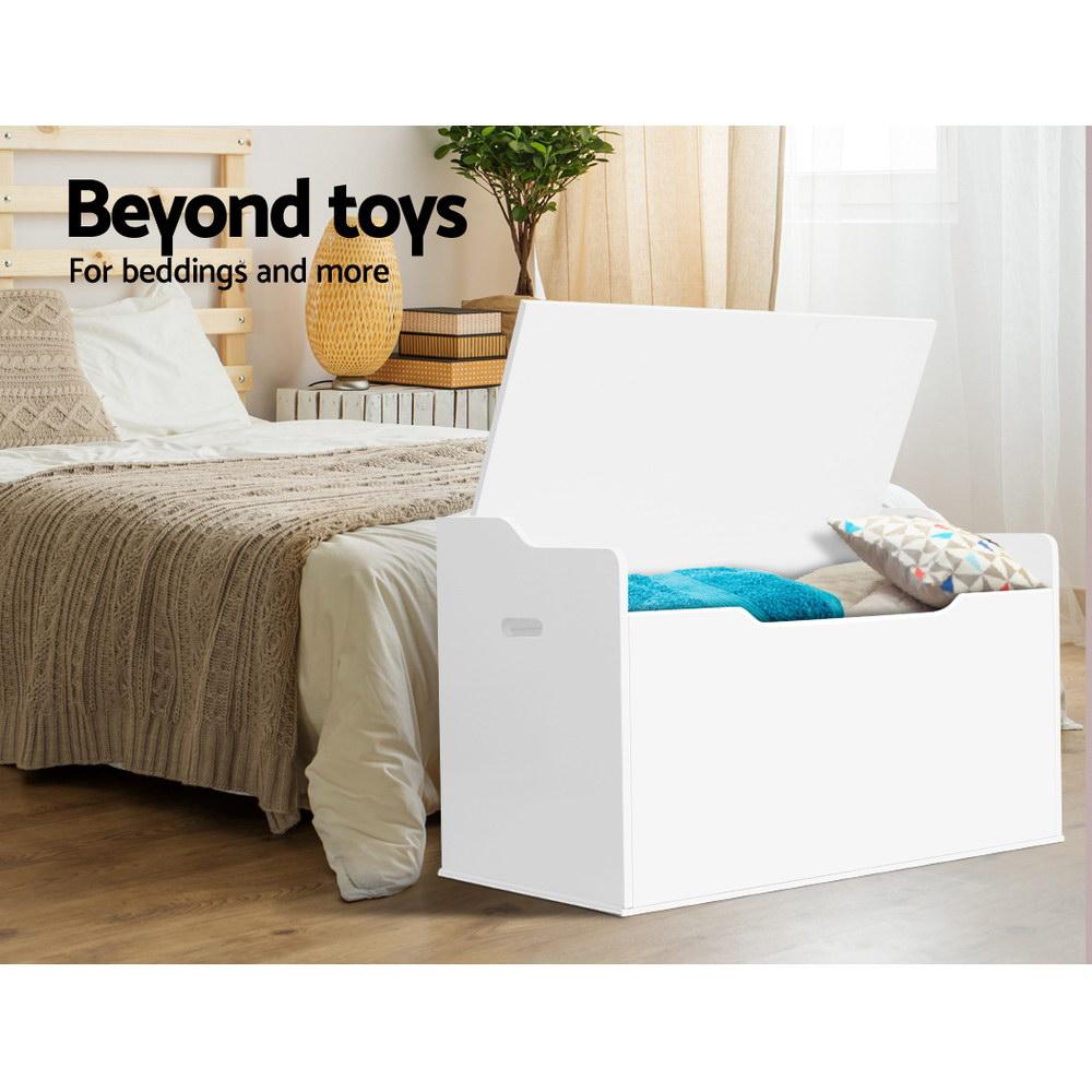 Keezi Kids Toy Chest Storage Bench in white, featuring a comfortable seating area and spacious storage for toys and books, designed for child safety.