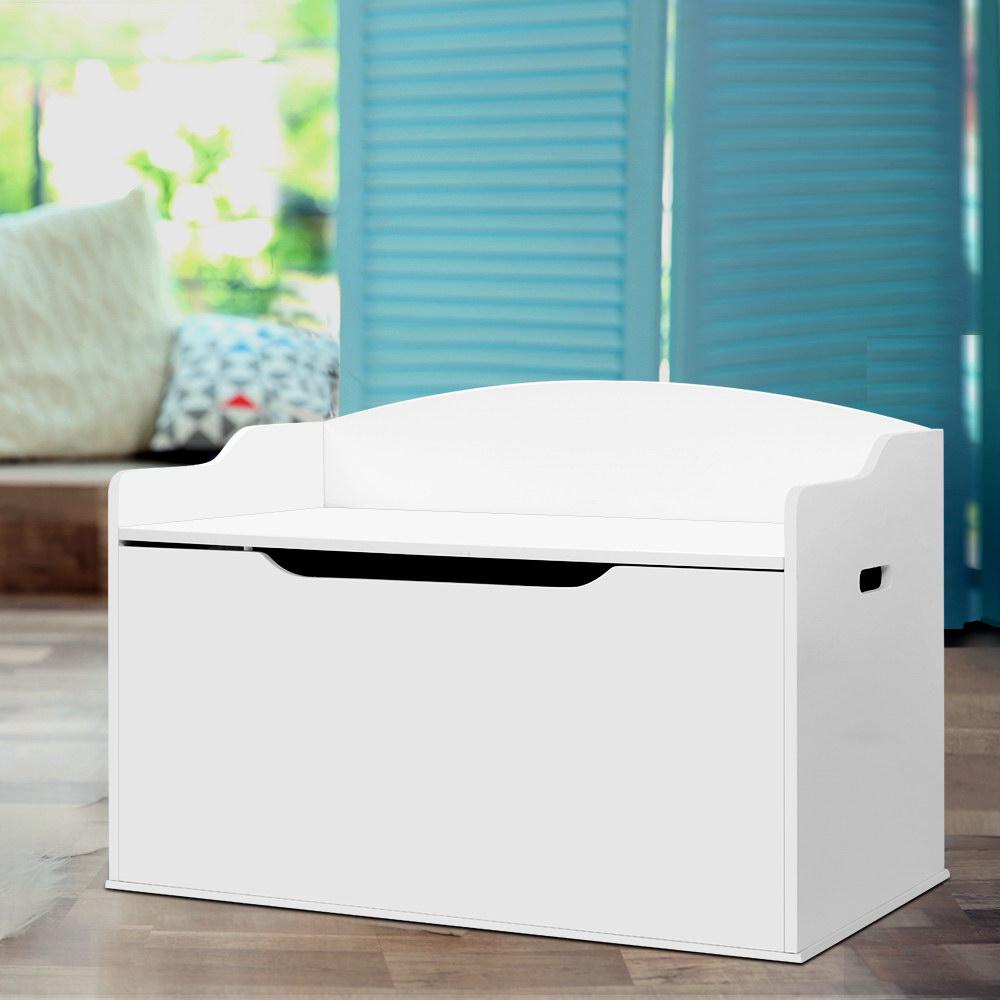 Keezi Kids Toy Chest Storage Bench in white, featuring a comfortable seating area and spacious storage for toys and books, designed for child safety.