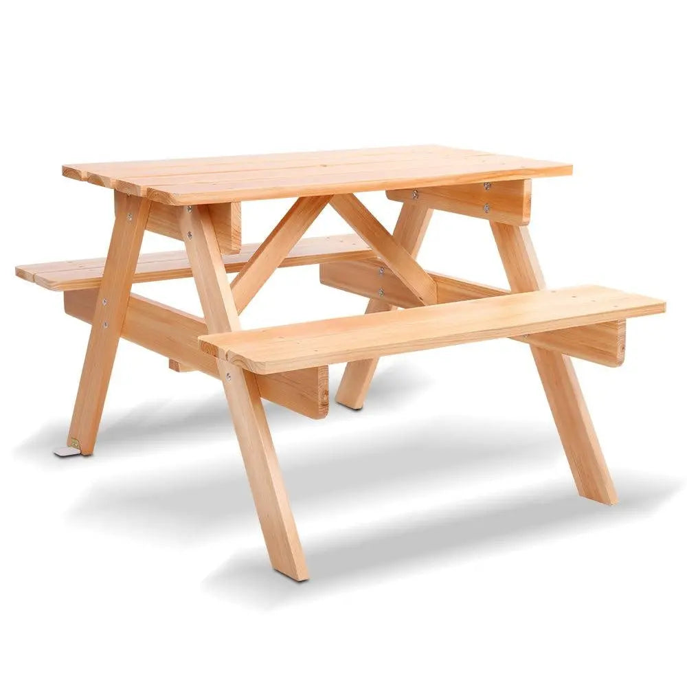 Keezi Kids Wooden Picnic Bench Set featuring a natural Fir wood table and two interconnected benches, perfect for children aged 3-8.