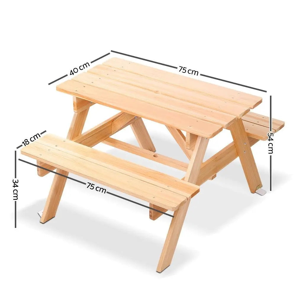 Keezi Kids Wooden Picnic Bench Set featuring a natural Fir wood table and two interconnected benches, perfect for children aged 3-8.