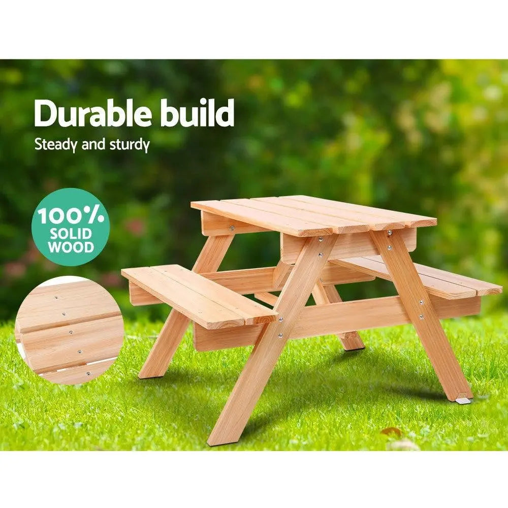 Keezi Kids Wooden Picnic Bench Set featuring a natural Fir wood table and two interconnected benches, perfect for children aged 3-8.