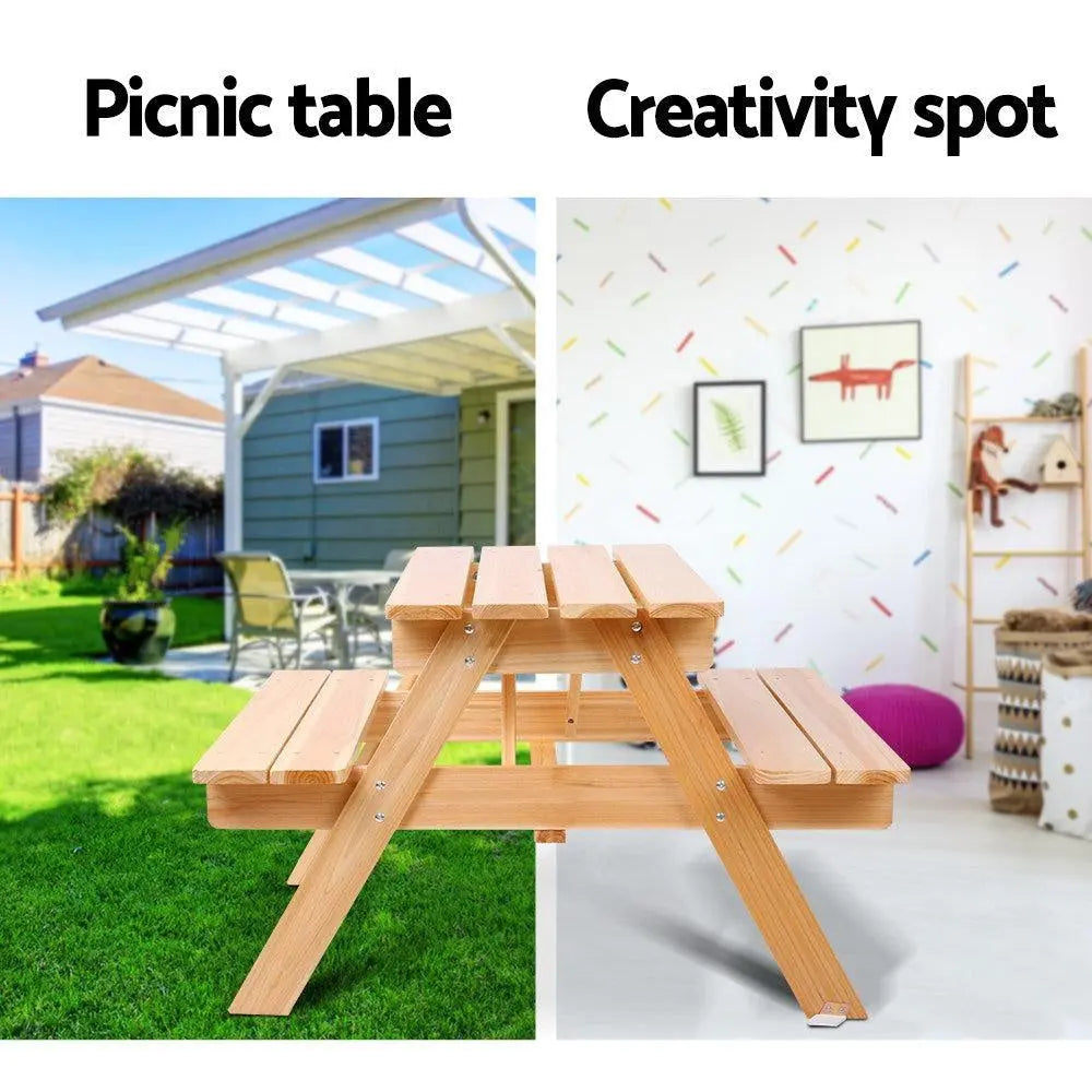 Keezi Kids Wooden Picnic Bench Set featuring a natural Fir wood table and two interconnected benches, perfect for children aged 3-8.