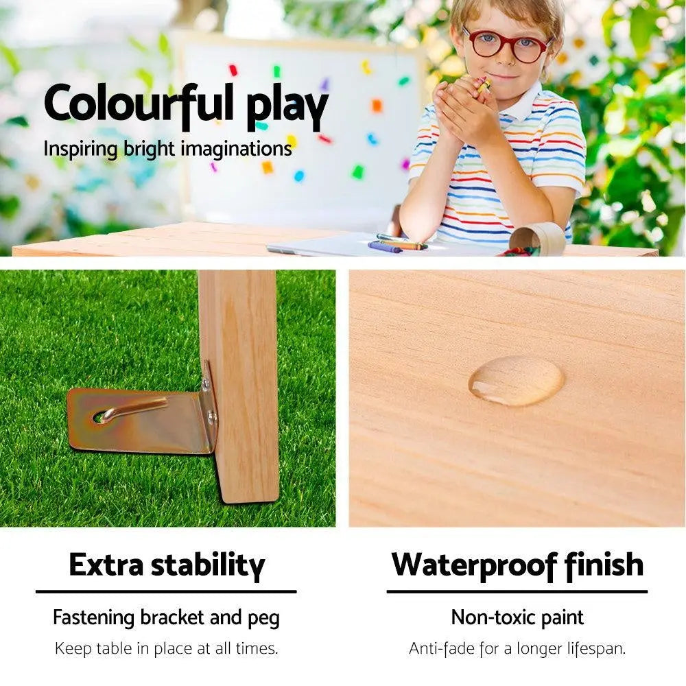 Keezi Kids Wooden Picnic Bench Set featuring a natural Fir wood table and two interconnected benches, perfect for children aged 3-8.