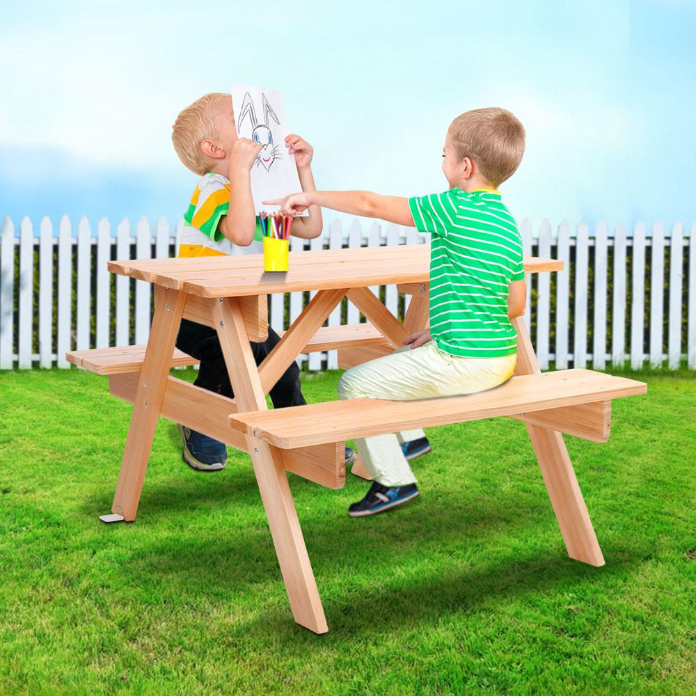 Keezi Kids Wooden Picnic Bench Set featuring a natural Fir wood table and two interconnected benches, perfect for children aged 3-8.