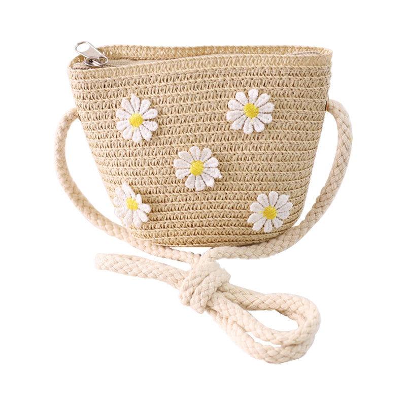 Kid Girl Daisy Flower Decor Straw Crossbody Bag in white, green, pink, beige, and khaki colors with a floral design.