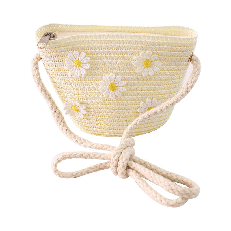 Kid Girl Daisy Flower Decor Straw Crossbody Bag in white, green, pink, beige, and khaki colors with a floral design.