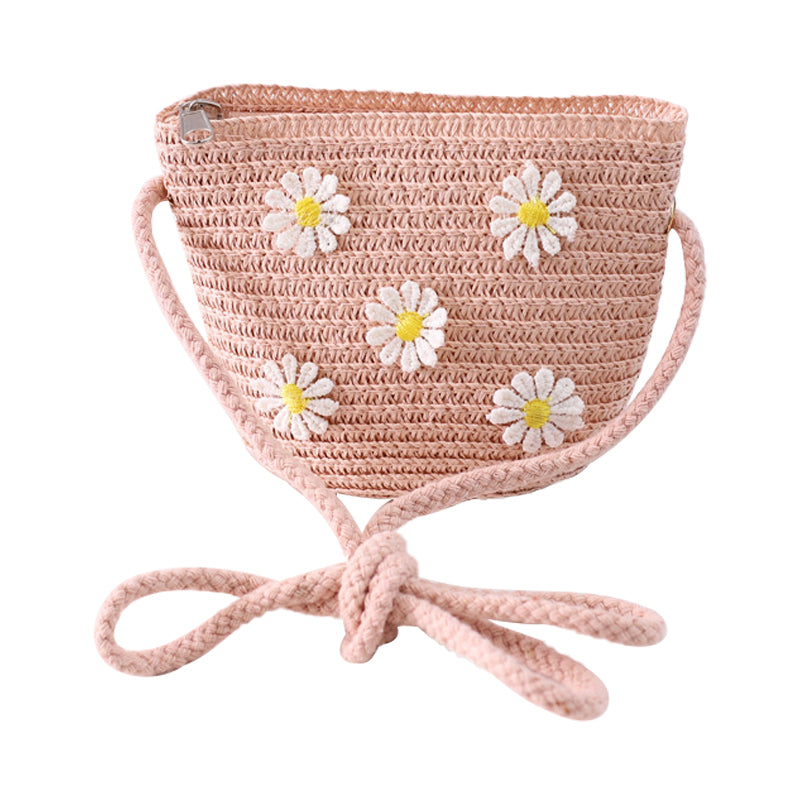 Kid Girl Daisy Flower Decor Straw Crossbody Bag in white, green, pink, beige, and khaki colors with a floral design.