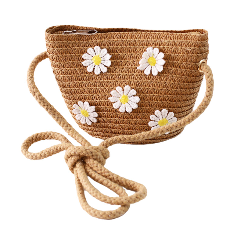 Kid Girl Daisy Flower Decor Straw Crossbody Bag in white, green, pink, beige, and khaki colors with a floral design.