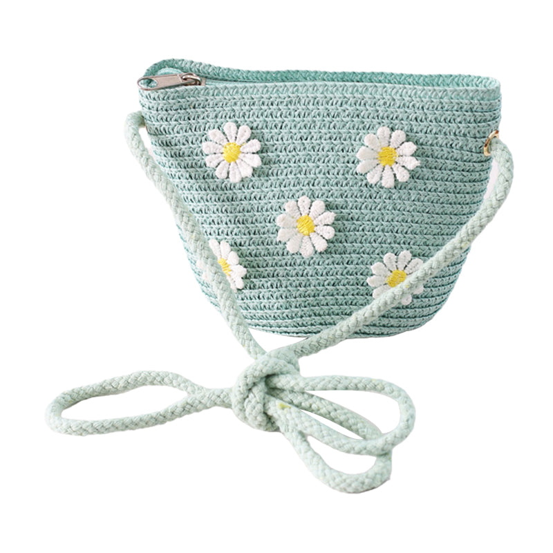 Kid Girl Daisy Flower Decor Straw Crossbody Bag in white, green, pink, beige, and khaki colors with a floral design.