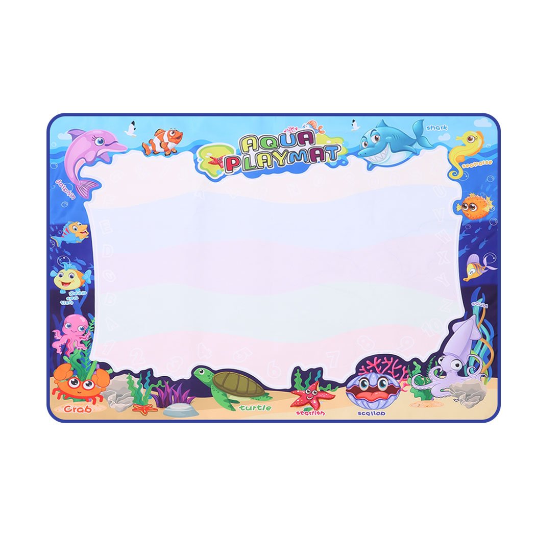 Kids Drawing Mat Aqua Doodle Mat with colorful designs and magic pens for water painting fun.