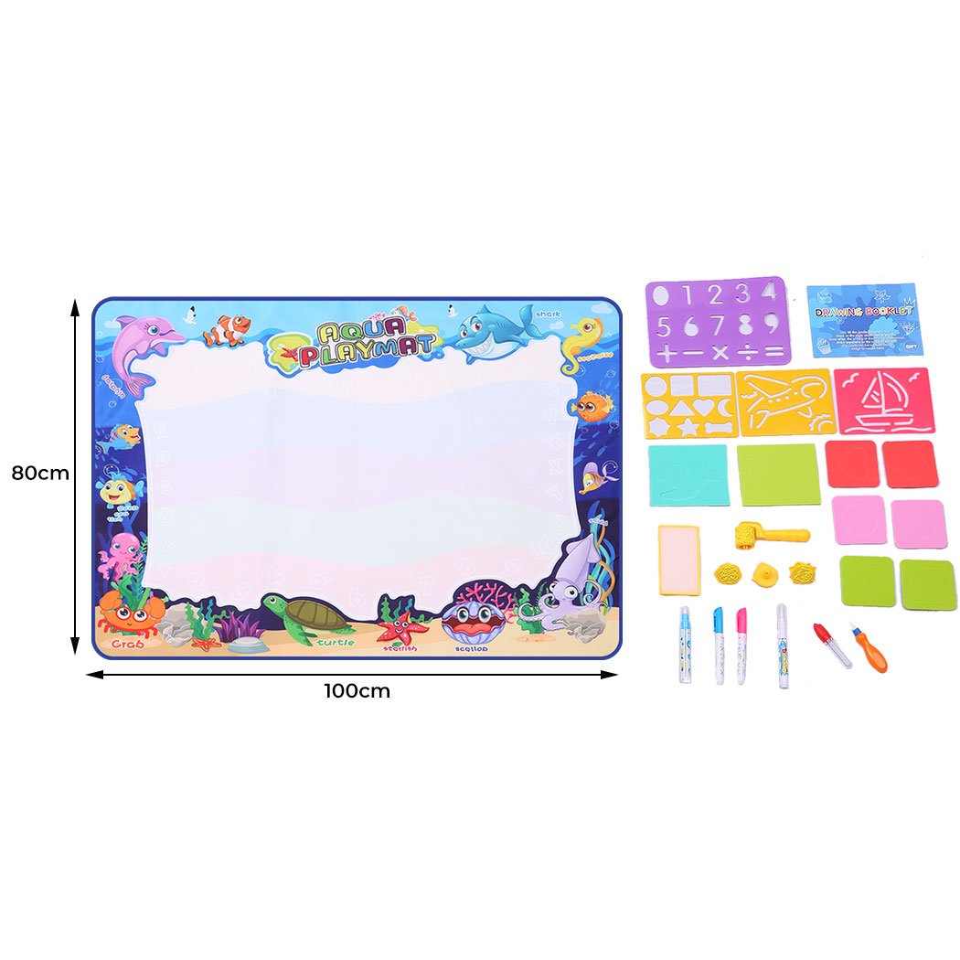 Kids Drawing Mat Aqua Doodle Mat with colorful designs and magic pens for water painting fun.