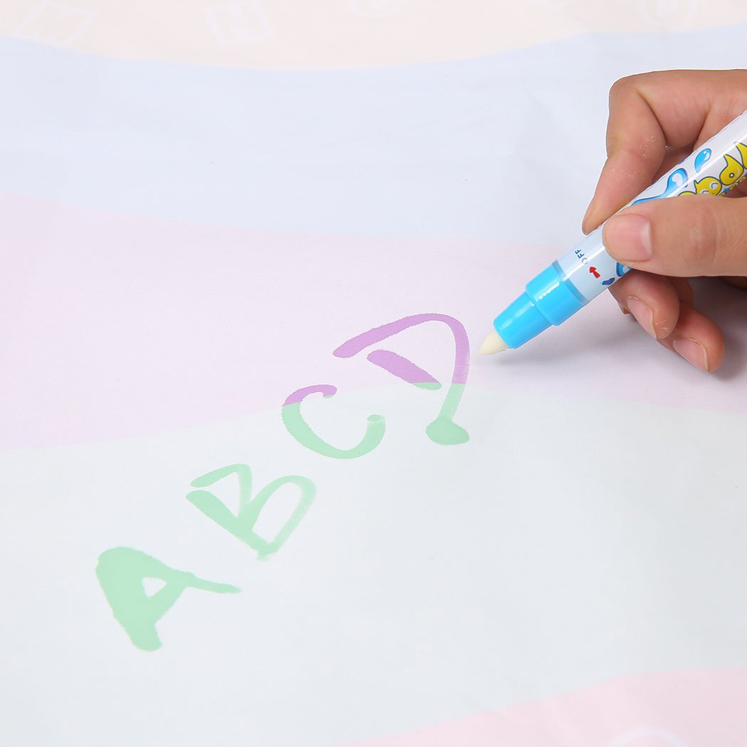 Kids Drawing Mat Aqua Doodle Mat with colorful designs and magic pens for water painting fun.