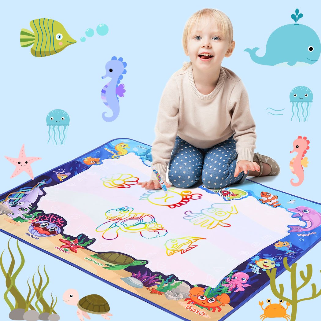 Kids Drawing Mat Aqua Doodle Mat with colorful designs and magic pens for water painting fun.