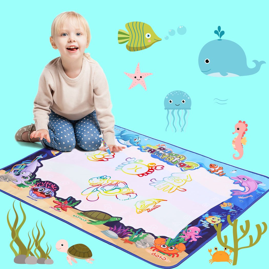 Kids Drawing Mat Aqua Doodle Mat with colorful designs and magic pens for water painting fun.