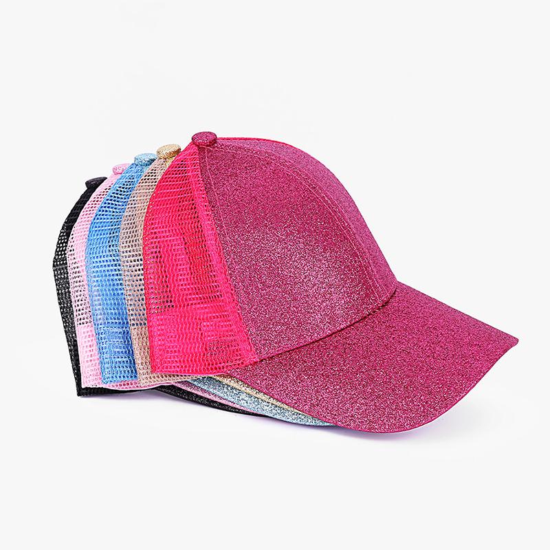 Kids Glitter Ponytail Baseball Cap in various colors with a stylish glitter design, perfect for casual wear.