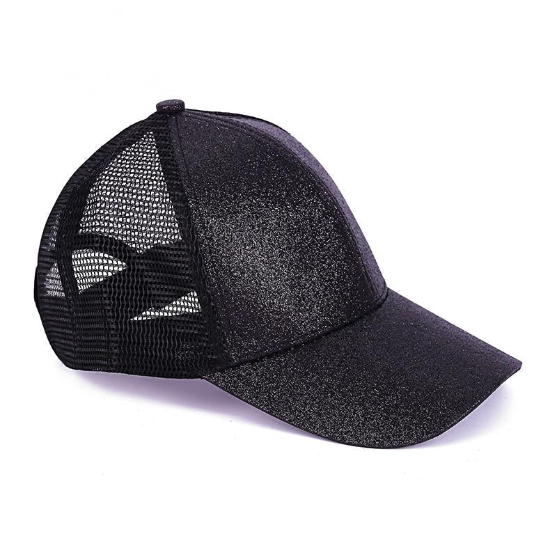 Kids Glitter Ponytail Baseball Cap in various colors with a stylish glitter design, perfect for casual wear.