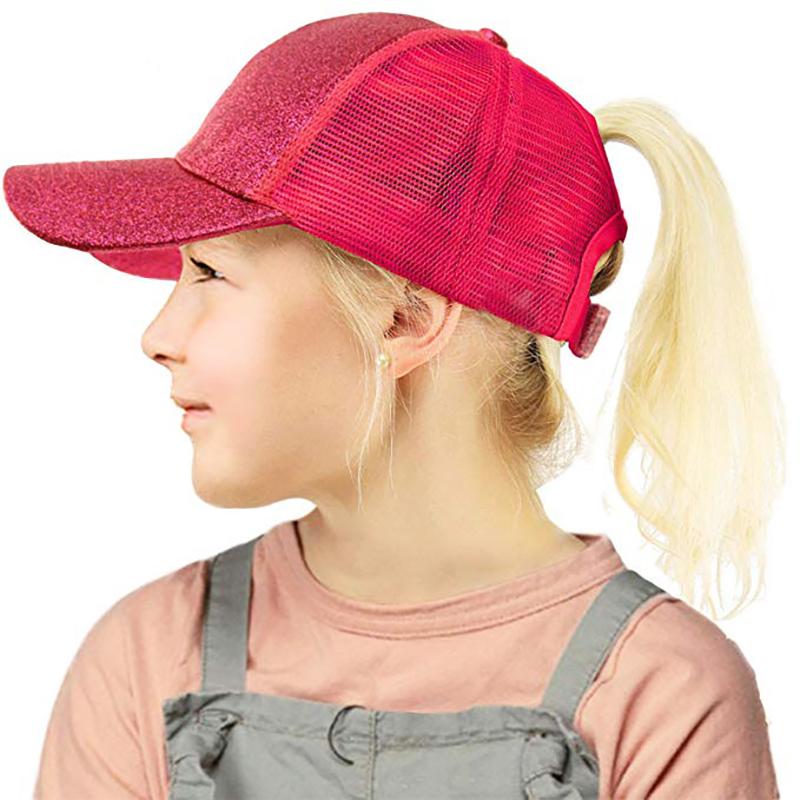 Kids Glitter Ponytail Baseball Cap in various colors with a stylish glitter design, perfect for casual wear.