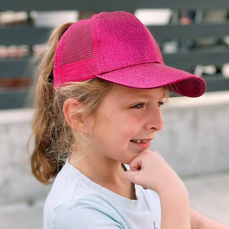 Kids Glitter Ponytail Baseball Cap in various colors with a stylish glitter design, perfect for casual wear.