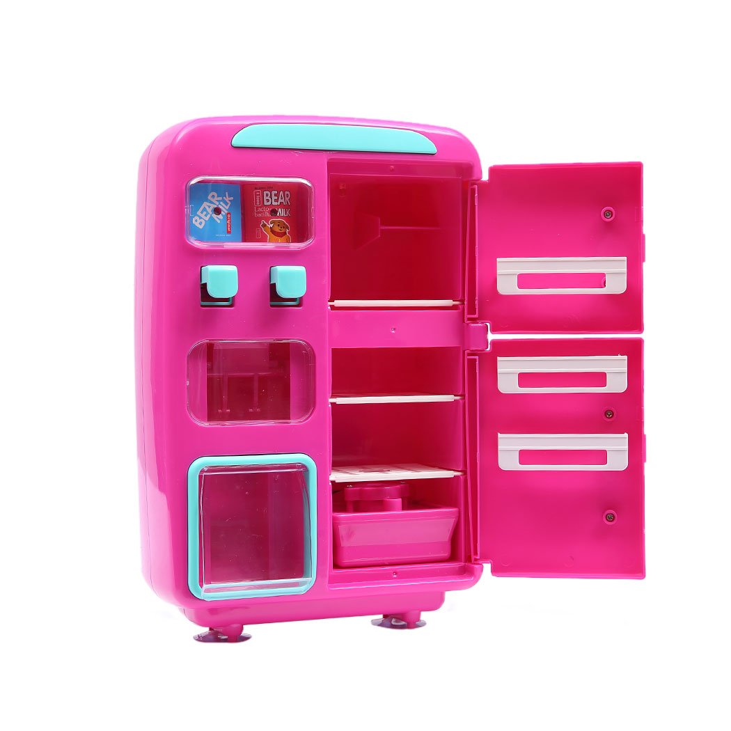 Colorful Kids Play Set featuring a 2-in-1 Refrigerator and Vending Machine with various accessories for imaginative play.