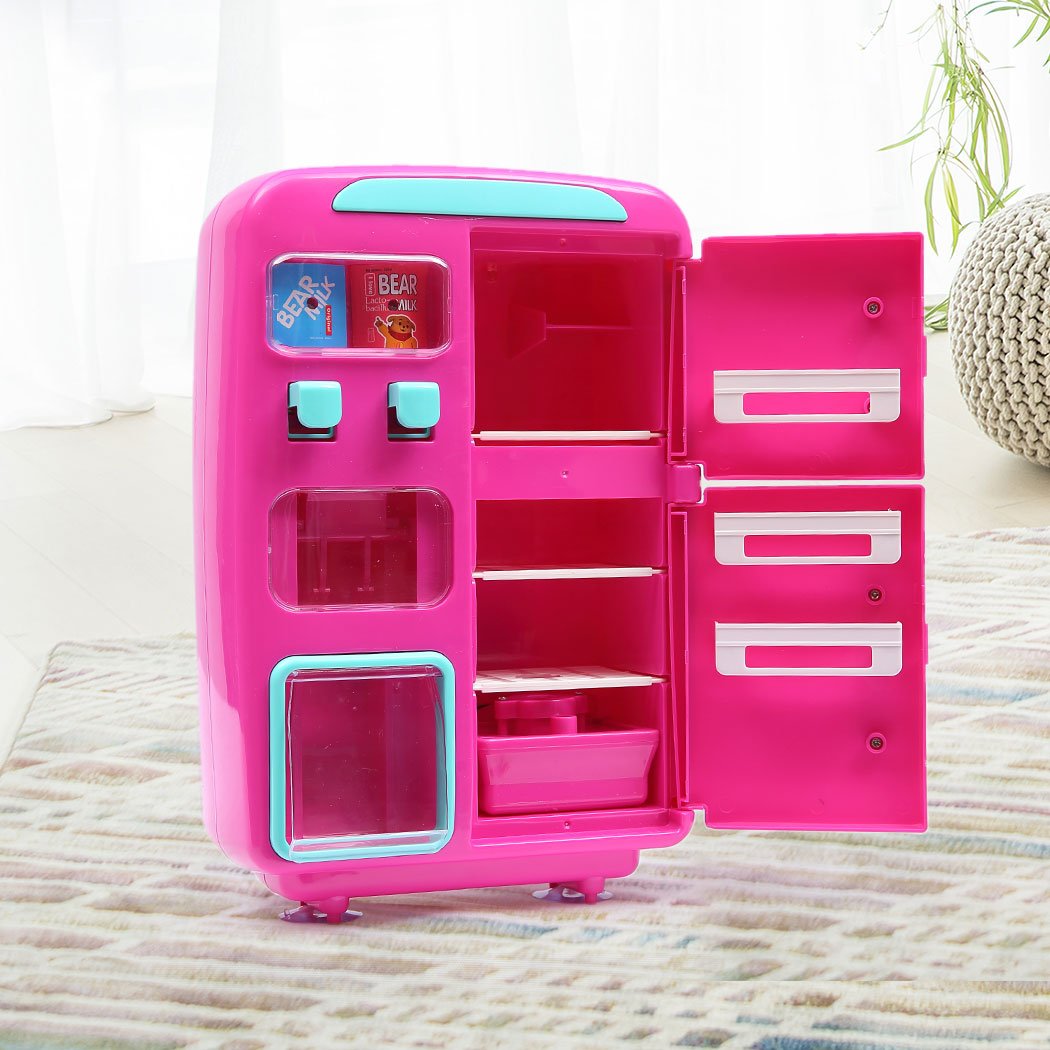 Colorful Kids Play Set featuring a 2-in-1 Refrigerator and Vending Machine with various accessories for imaginative play.