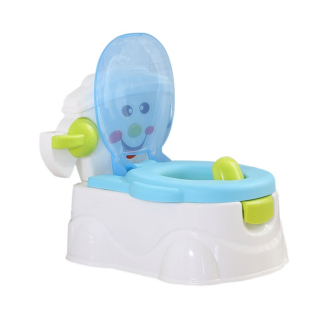 Kids Potty Trainer Seat in blue color with removable bucket and retractable tissue holder, designed for toddler toilet training.