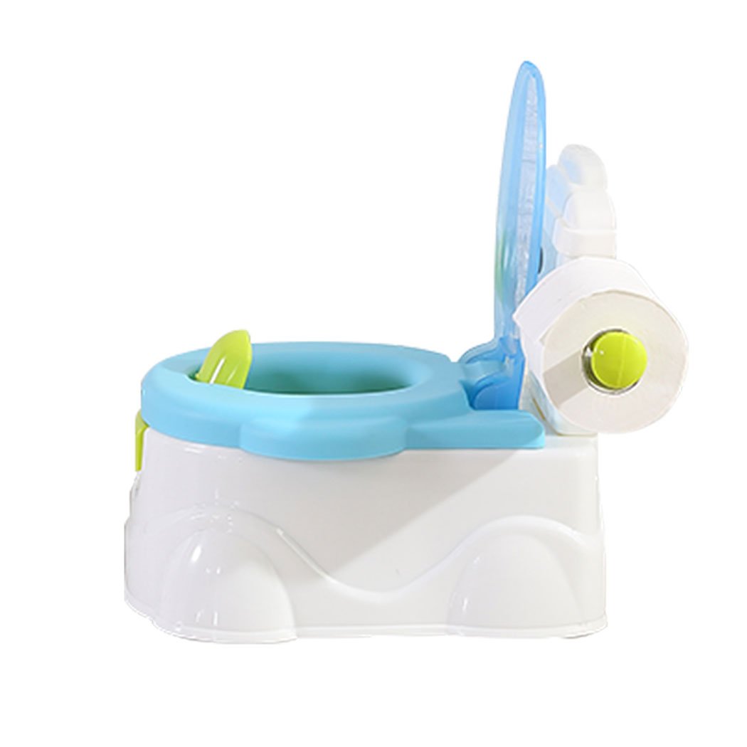 Kids Potty Trainer Seat in blue color with removable bucket and retractable tissue holder, designed for toddler toilet training.