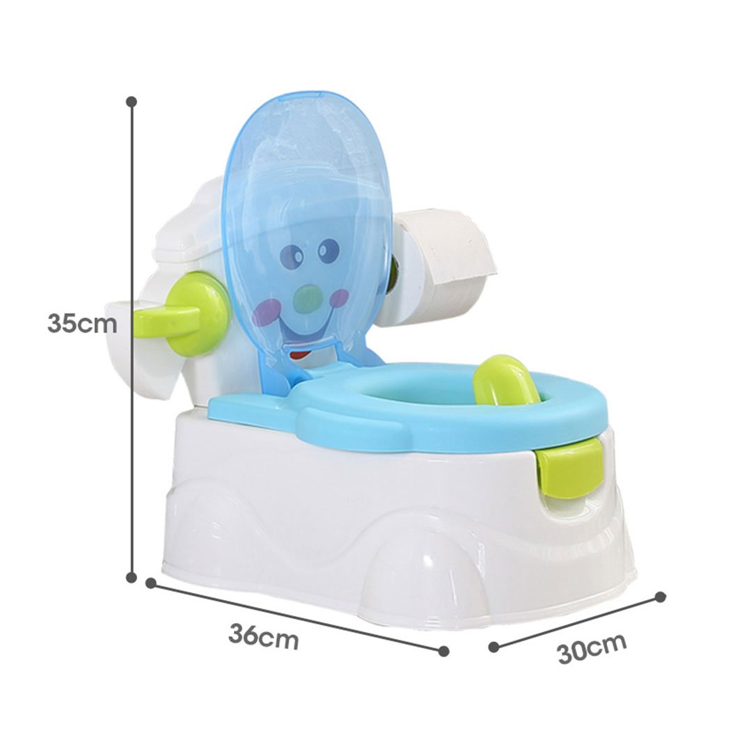 Kids Potty Trainer Seat in blue color with removable bucket and retractable tissue holder, designed for toddler toilet training.