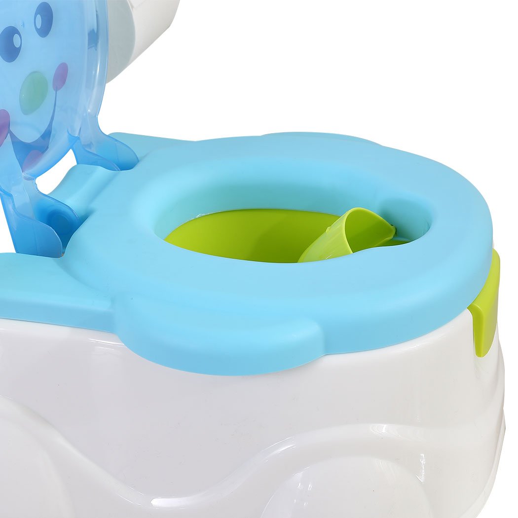 Kids Potty Trainer Seat in blue color with removable bucket and retractable tissue holder, designed for toddler toilet training.