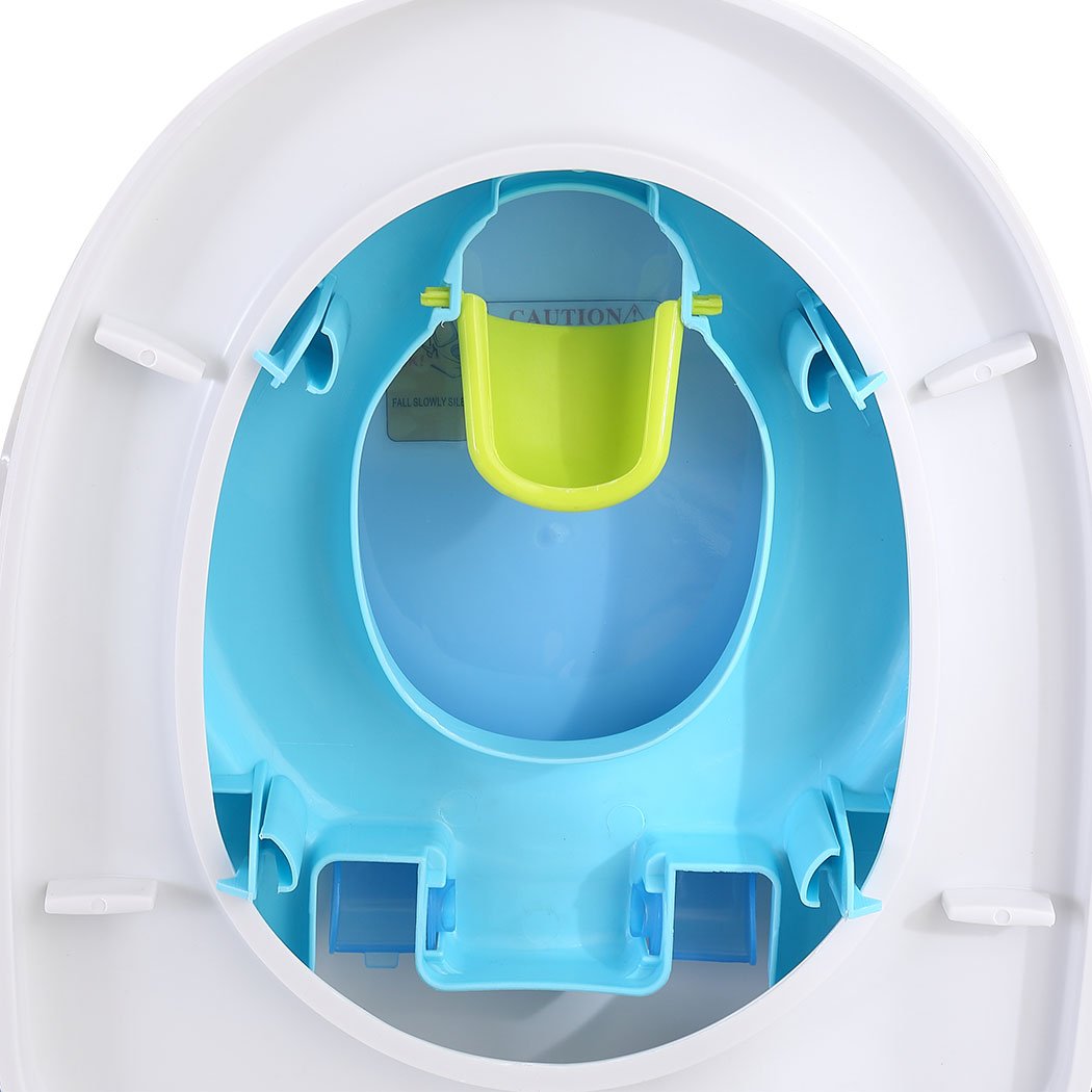 Kids Potty Trainer Seat in blue color with removable bucket and retractable tissue holder, designed for toddler toilet training.