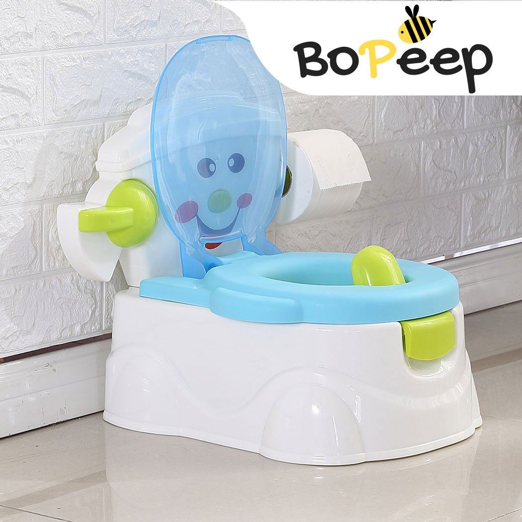 Kids Potty Trainer Seat in blue color with removable bucket and retractable tissue holder, designed for toddler toilet training.