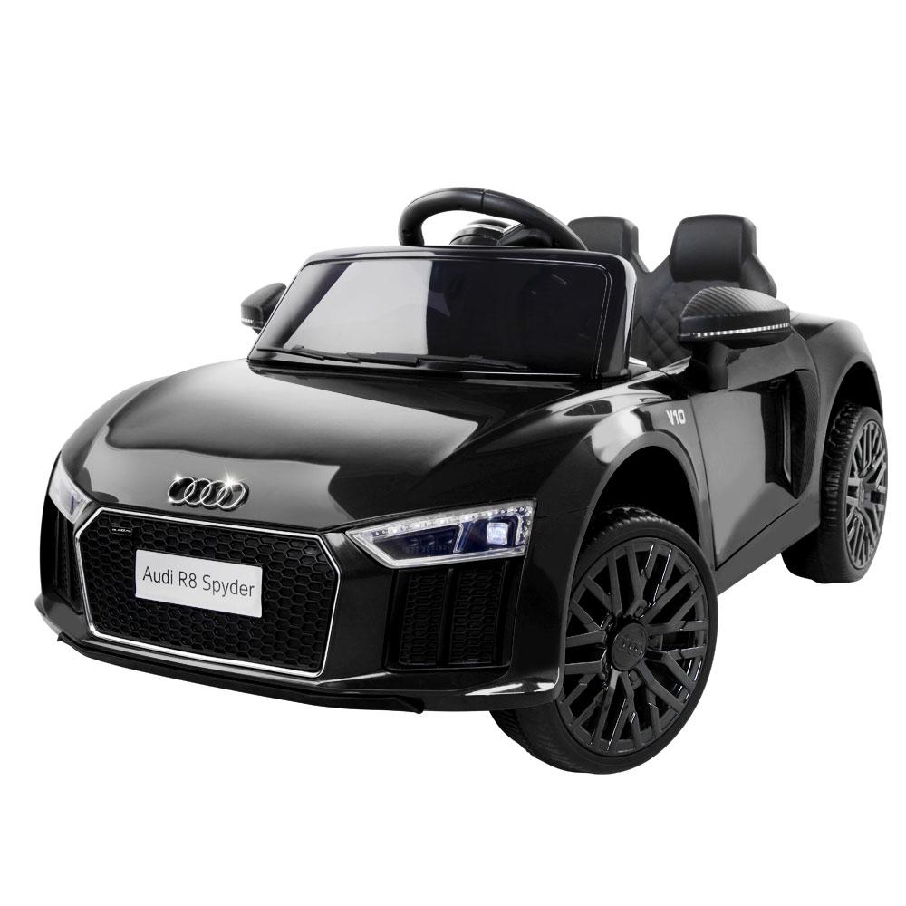 Kids Ride On Car Audi R8 in black color, featuring stylish design, working doors, and a comfortable seat with safety belt.