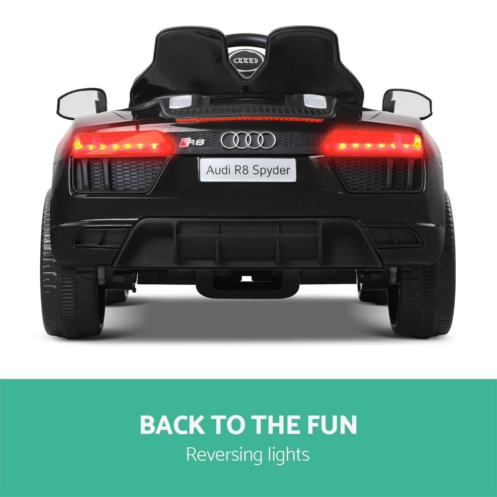 Kids Ride On Car Audi R8 in black color, featuring stylish design, working doors, and a comfortable seat with safety belt.