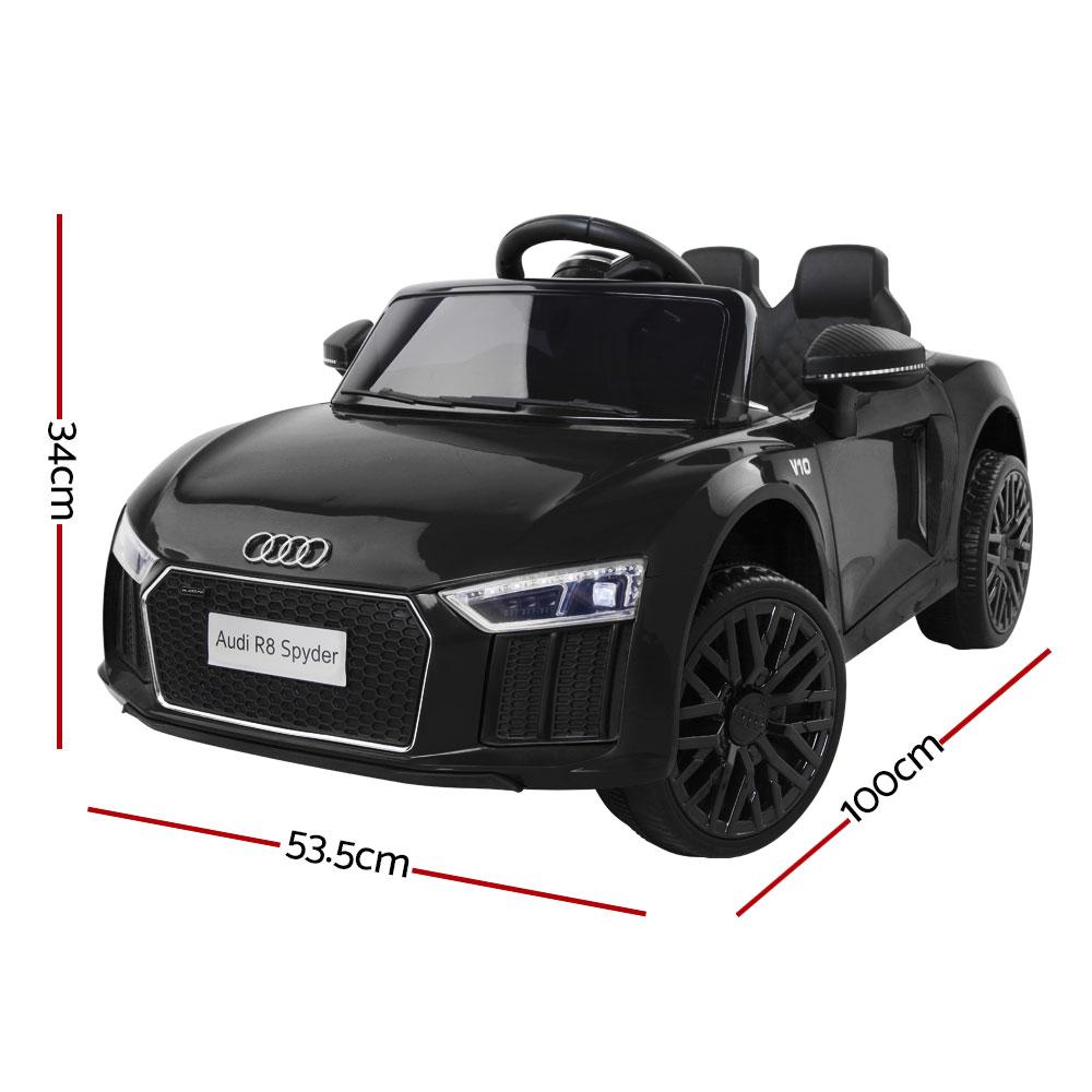 Kids Ride On Car Audi R8 in black color, featuring stylish design, working doors, and a comfortable seat with safety belt.