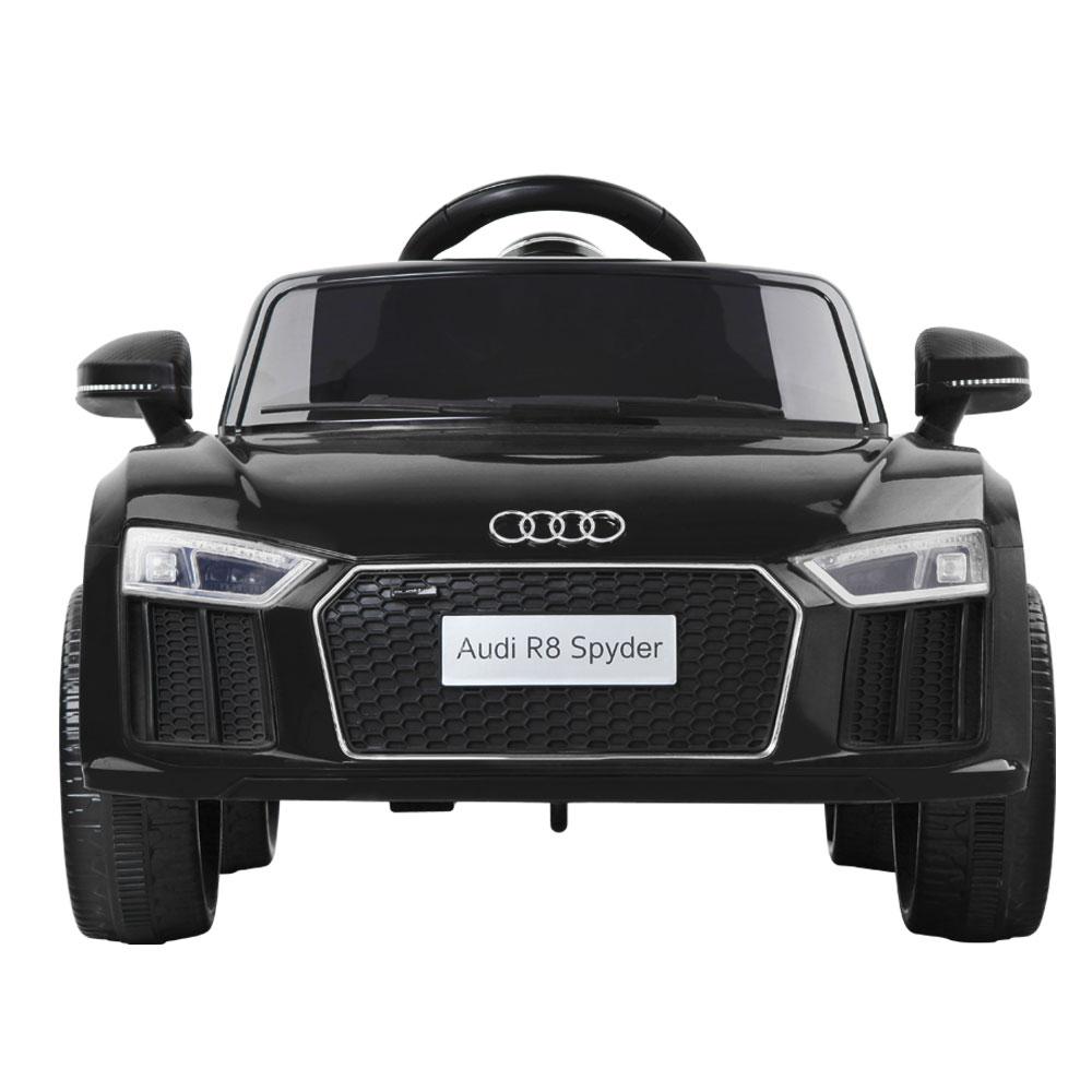 Kids Ride On Car Audi R8 in black color, featuring stylish design, working doors, and a comfortable seat with safety belt.