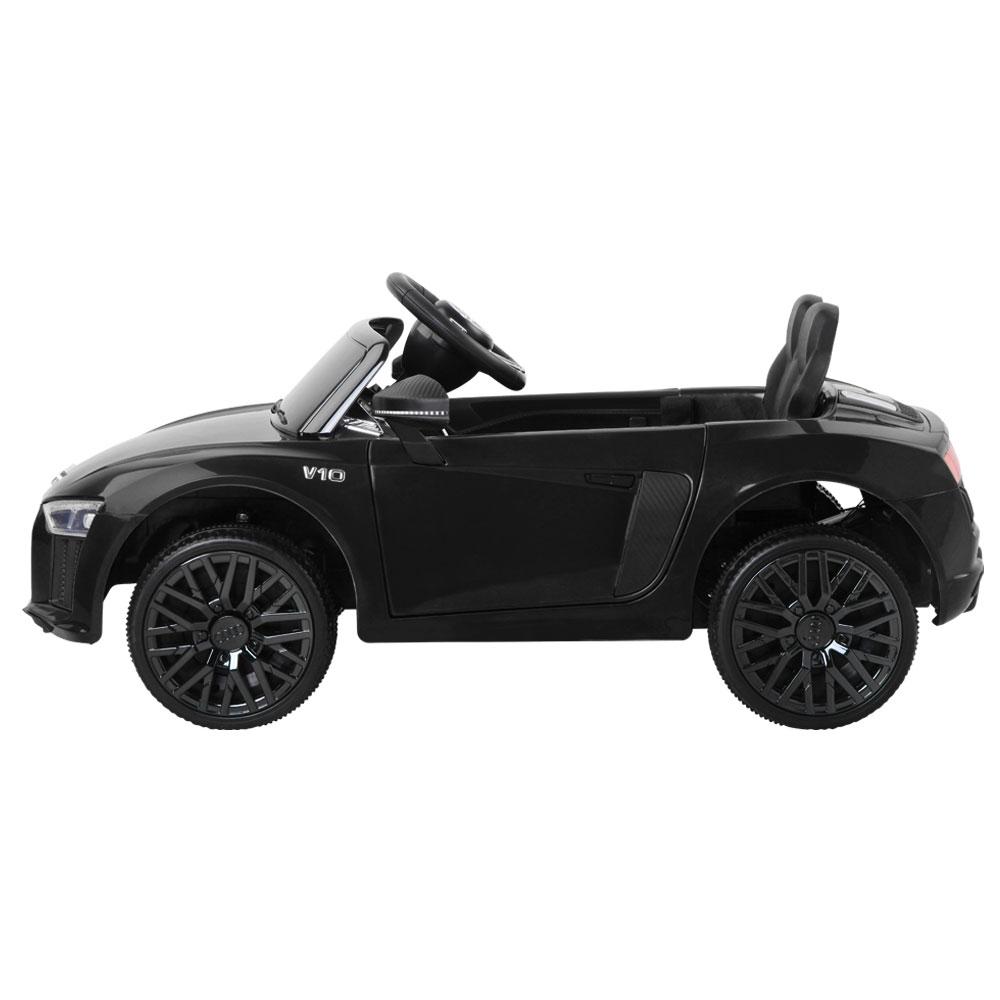 Kids Ride On Car Audi R8 in black color, featuring stylish design, working doors, and a comfortable seat with safety belt.