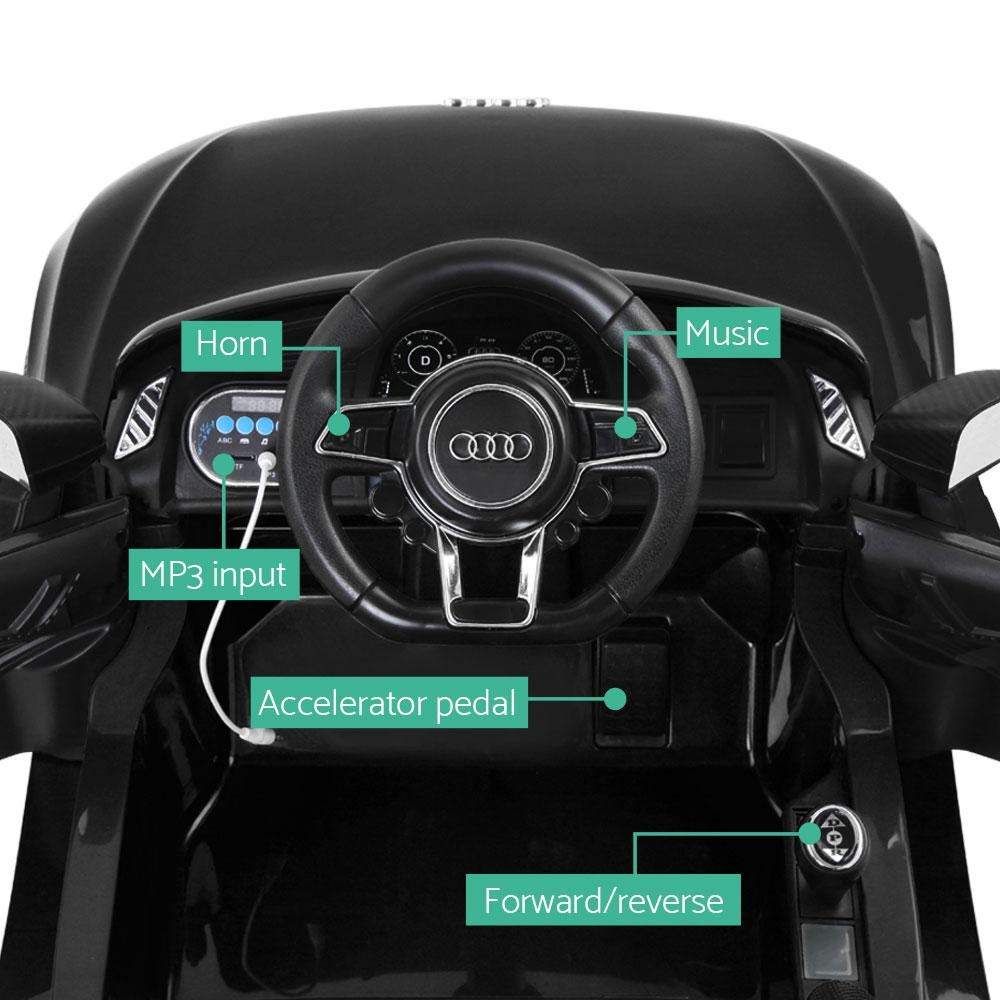 Kids Ride On Car Audi R8 in black color, featuring stylish design, working doors, and a comfortable seat with safety belt.