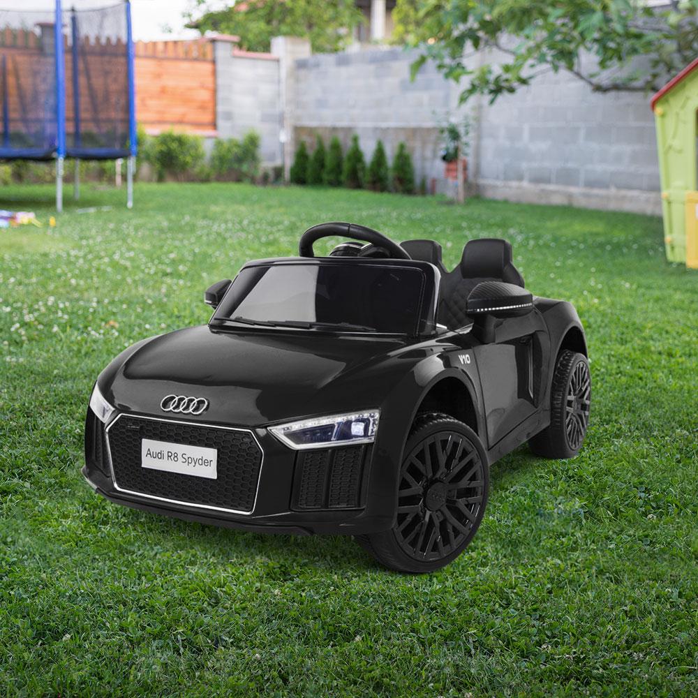 Kids Ride On Car Audi R8 in black color, featuring stylish design, working doors, and a comfortable seat with safety belt.