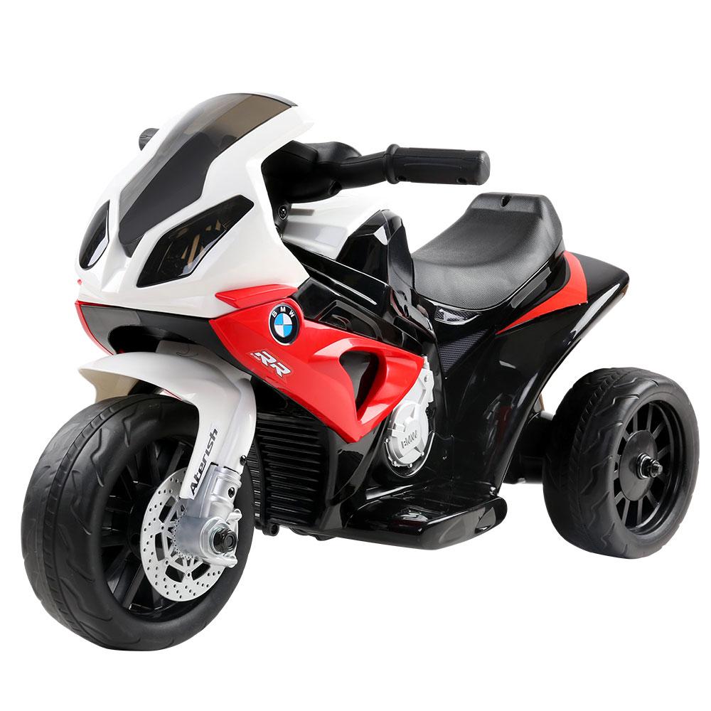 Red BMW licensed S1000RR kids ride on motorbike with sporty design and features.