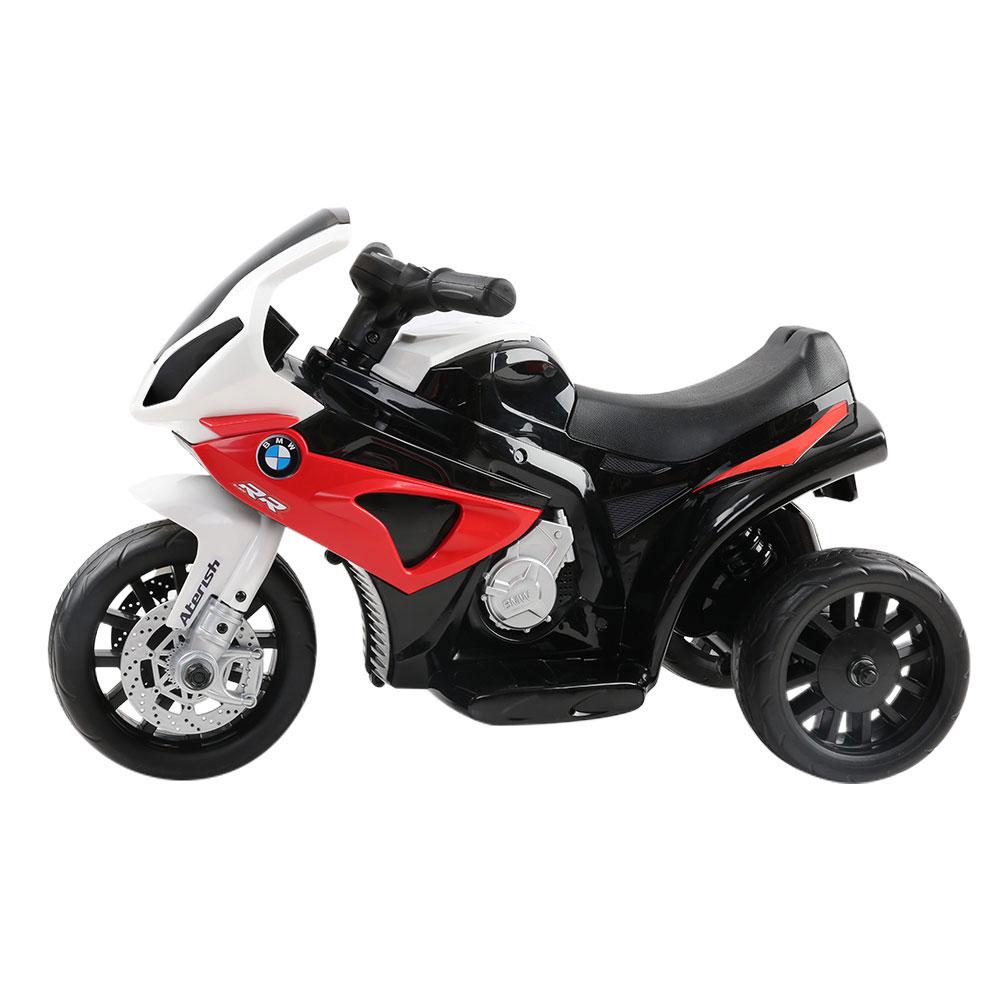 Red BMW licensed S1000RR kids ride on motorbike with sporty design and features.