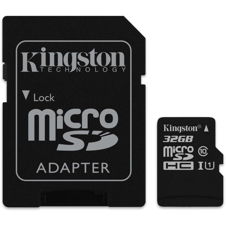 Kingston 32GB MicroSD SDHC SDXC Class10 UHS-I Memory Card with SD adapter, showcasing its compact design and high storage capacity.