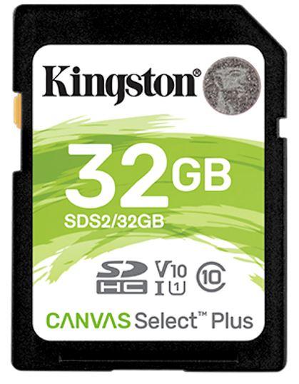 KINGSTON 32GB SDS2 Canvas Select Plus SD card showcasing its compact design and high-performance features.