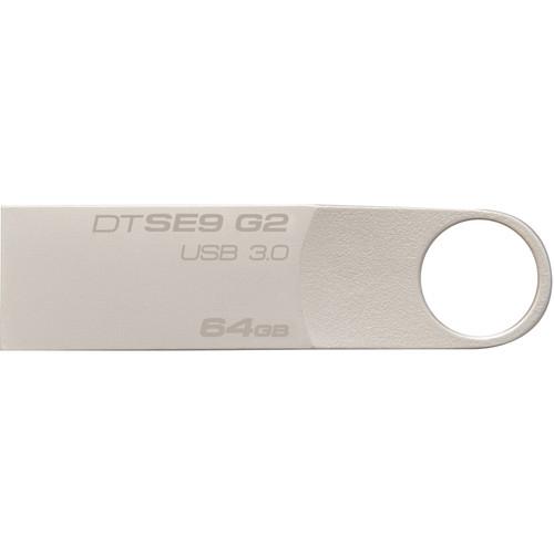 KINGSTON 64GB USB3.0 DataTraveler SE9 G2 flash drive in a sleek metal design, showcasing its compact size and USB connector.